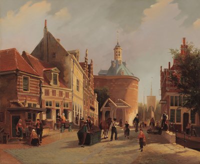 Vista del Zuiderspui con el Drommedaris en la ciudad de Enkhuizen de Oene Romkes de Jongh